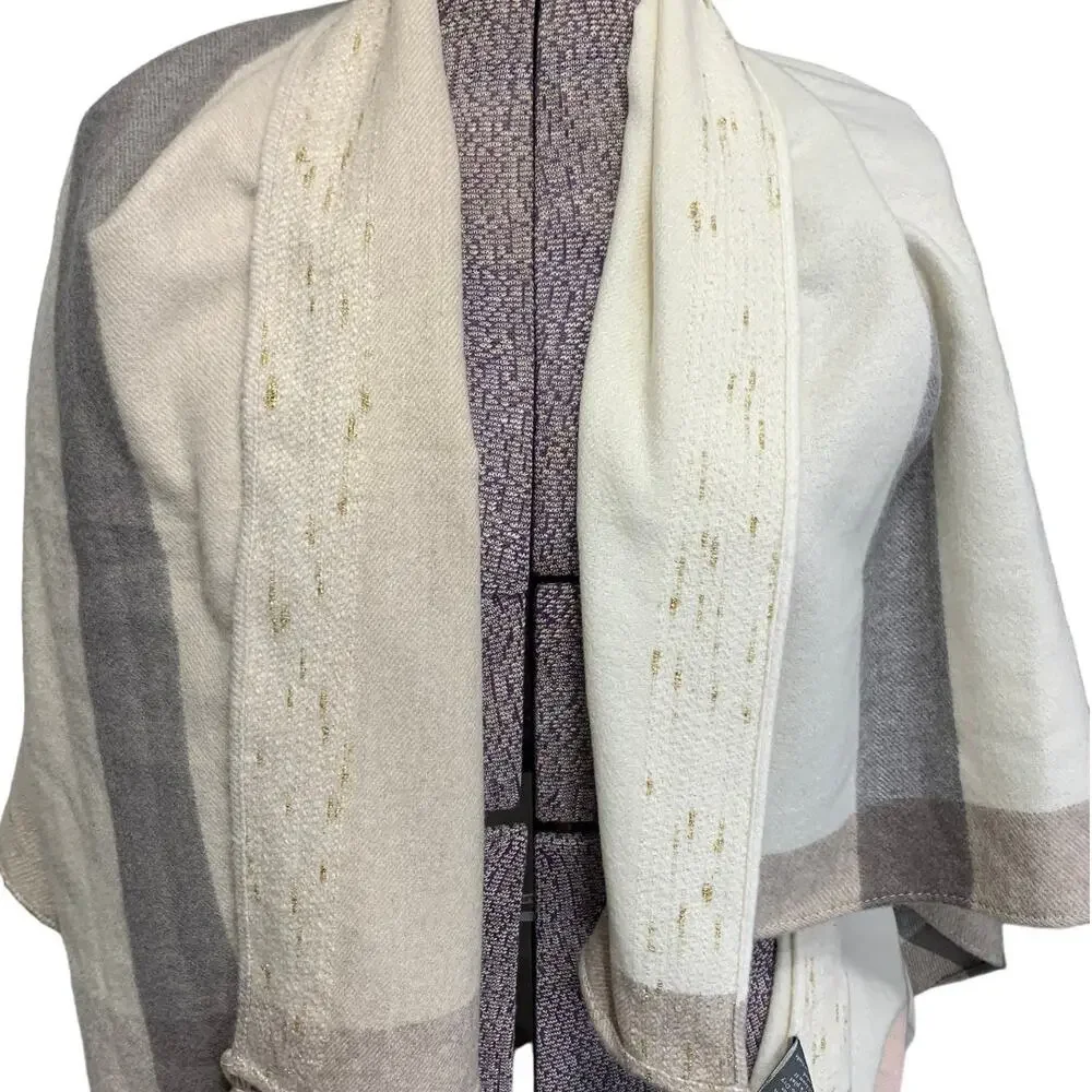 Vince Camuto Plaid Tassel Scarf Wrap NWT OS Beige Cream Shimmer Soft